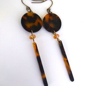 Tortoiseshell long earrings in acetate and crystal and antiqued goldtone.